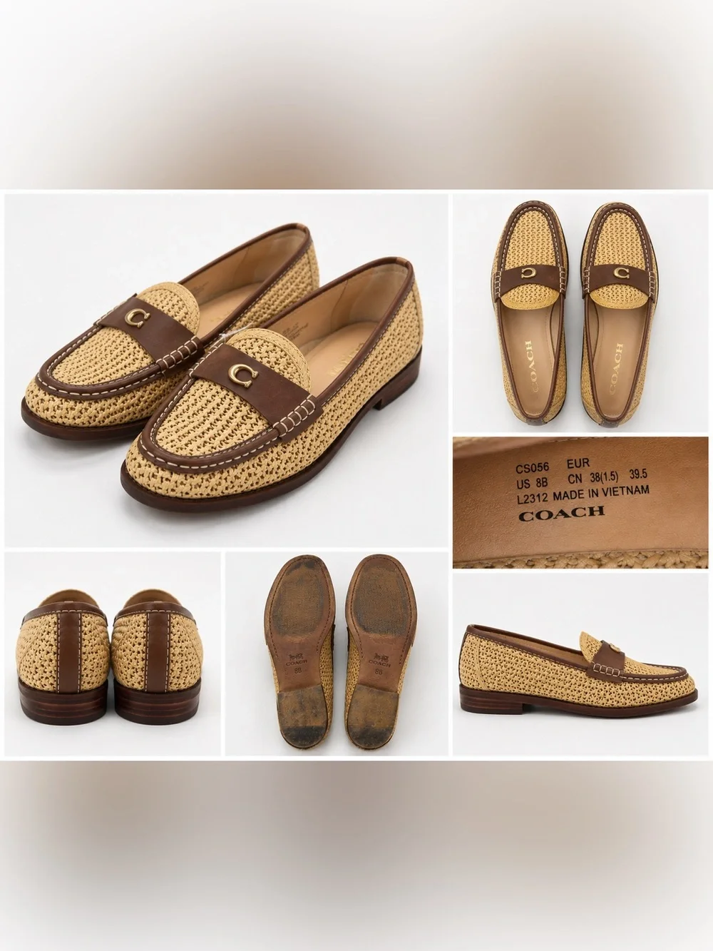 Coach Men’s Tan Raffia and Brown Leather Penny Loafers